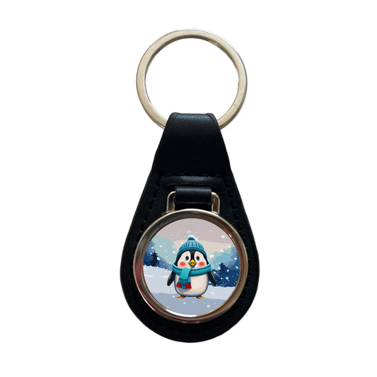 Penguin Winter Wearing Hat Scarf Cute Black Leather Metal Keychain