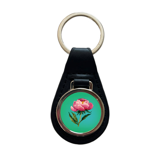 Peony Pink Flower Watercolor Black Leather Metal Keychain