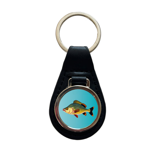 Perch Fish Colorful Fishing Black Leather Metal Keychain