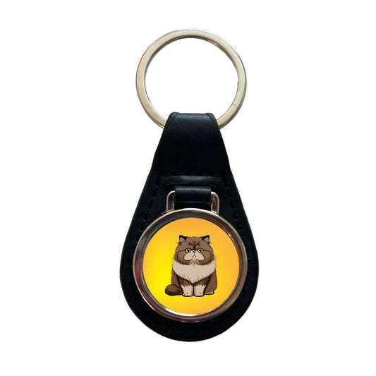 Persian Cat Sitting Black Leather Metal Keychain