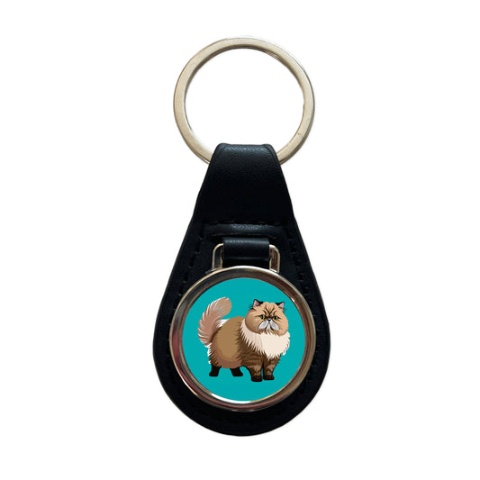 Persian Cat Standing Black Leather Metal Keychain