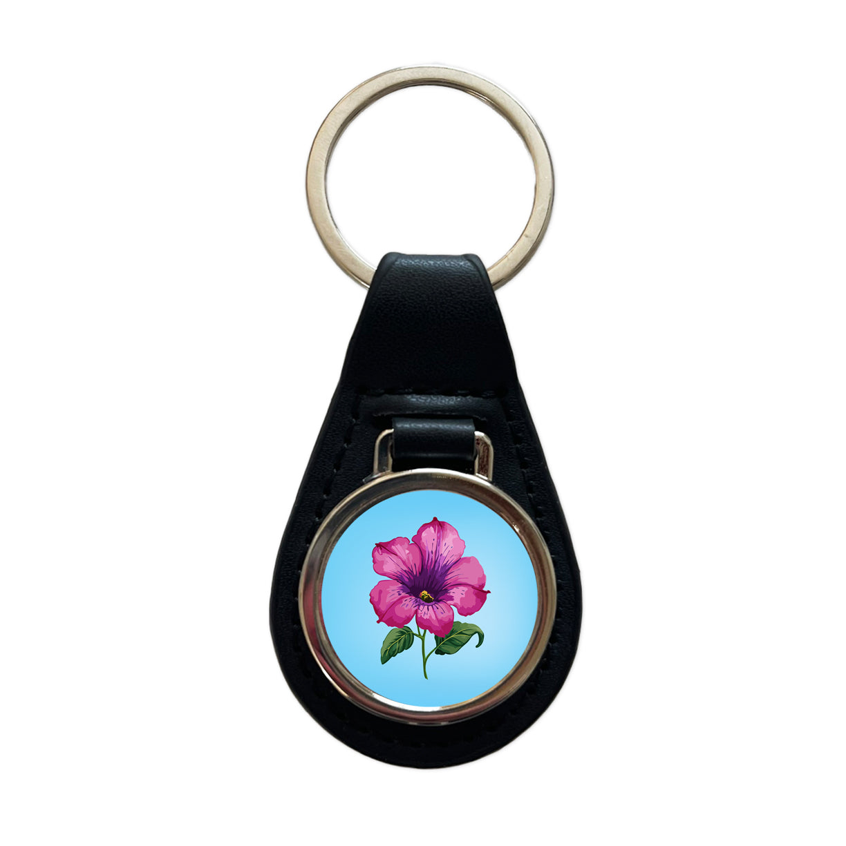 Petunia Flower Watercolor Pink Black Leather Metal Keychain