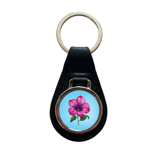 Petunia Flower Watercolor Pink Black Leather Metal Keychain