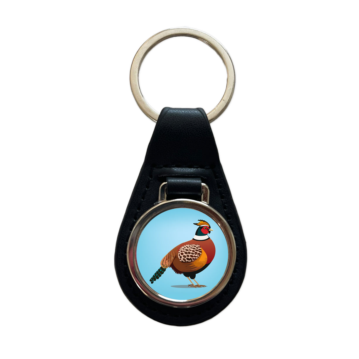 Pheasant Bird Hunting Black Leather Metal Keychain