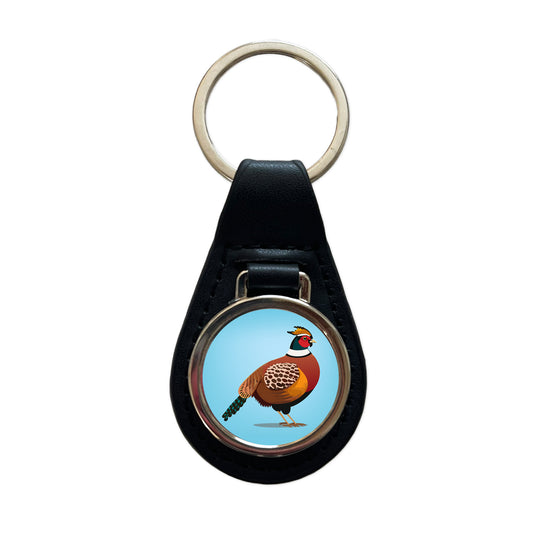 Pheasant Bird Hunting Black Leather Metal Keychain
