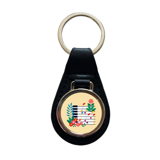 Piano Music Floral Motif Black Leather Metal Keychain