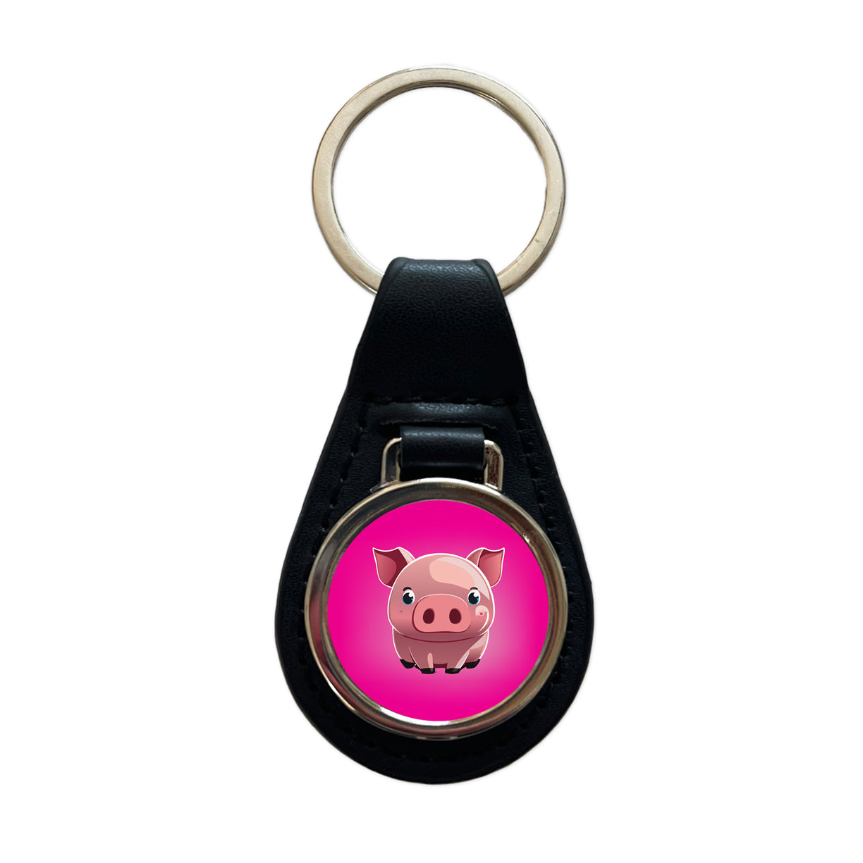 Pig Cute Black Leather Metal Keychain