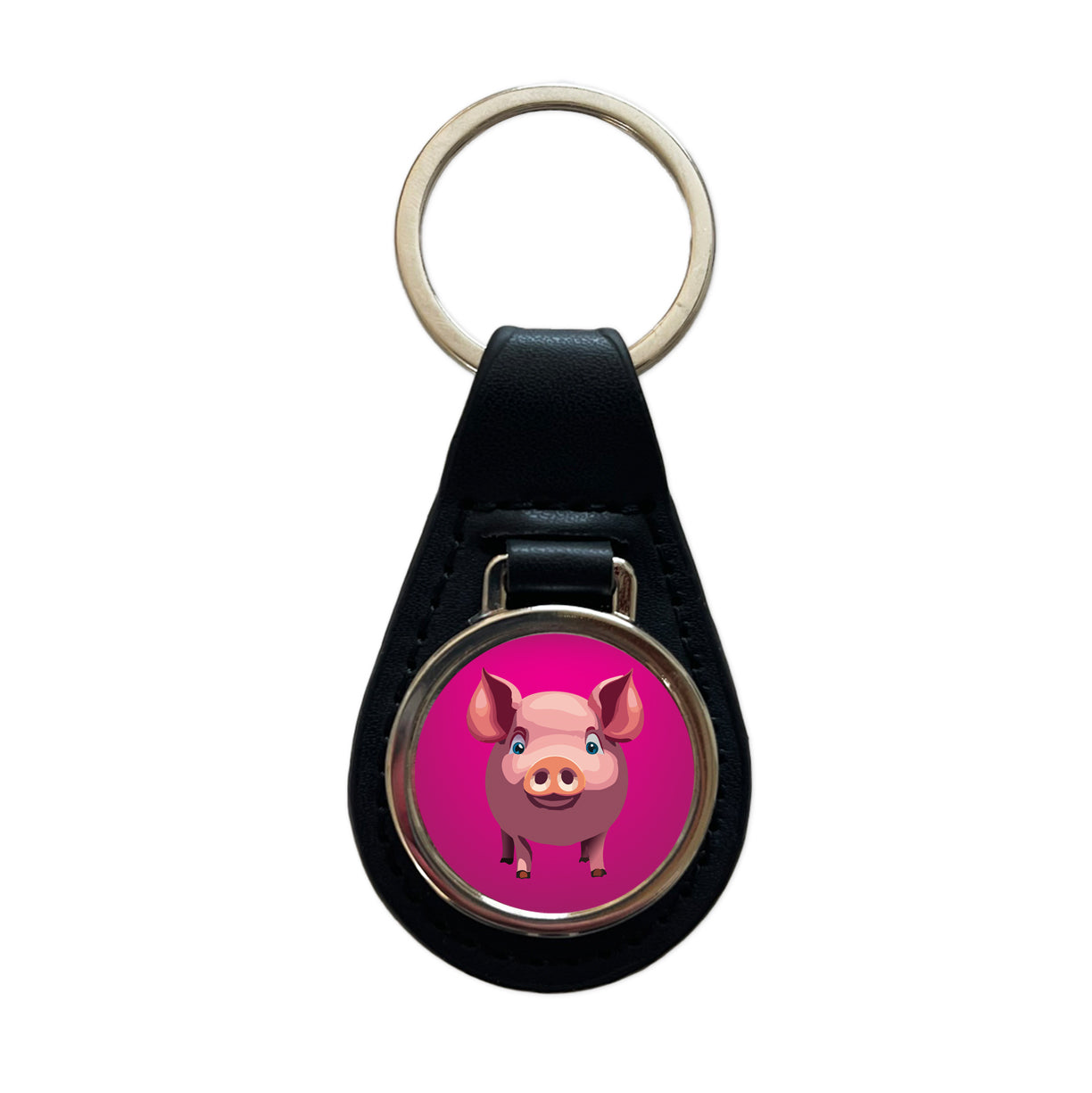 Pig Pink Sweet Black Leather Metal Keychain