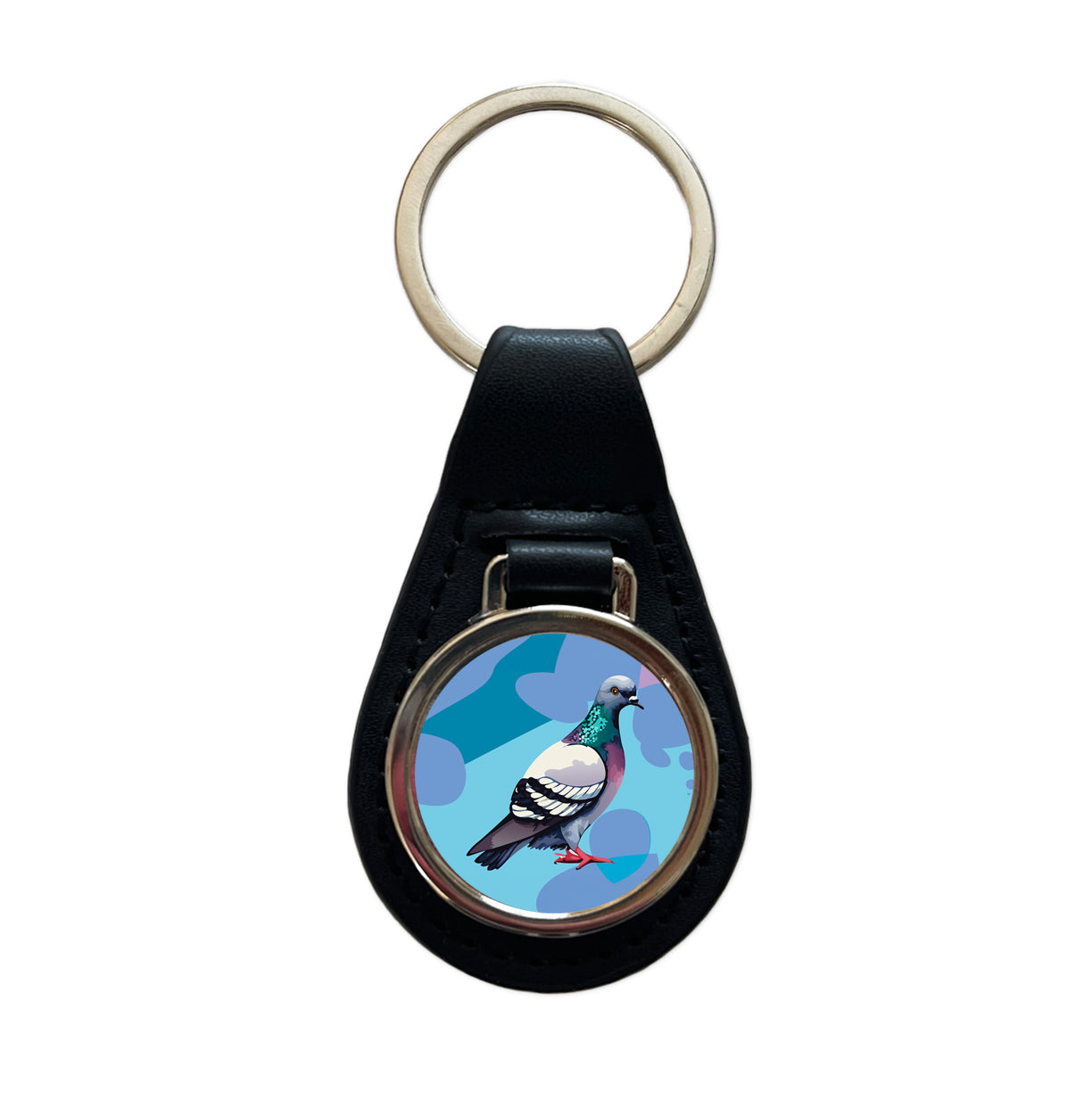 Pigeon Bird Watercolor Black Leather Metal Keychain