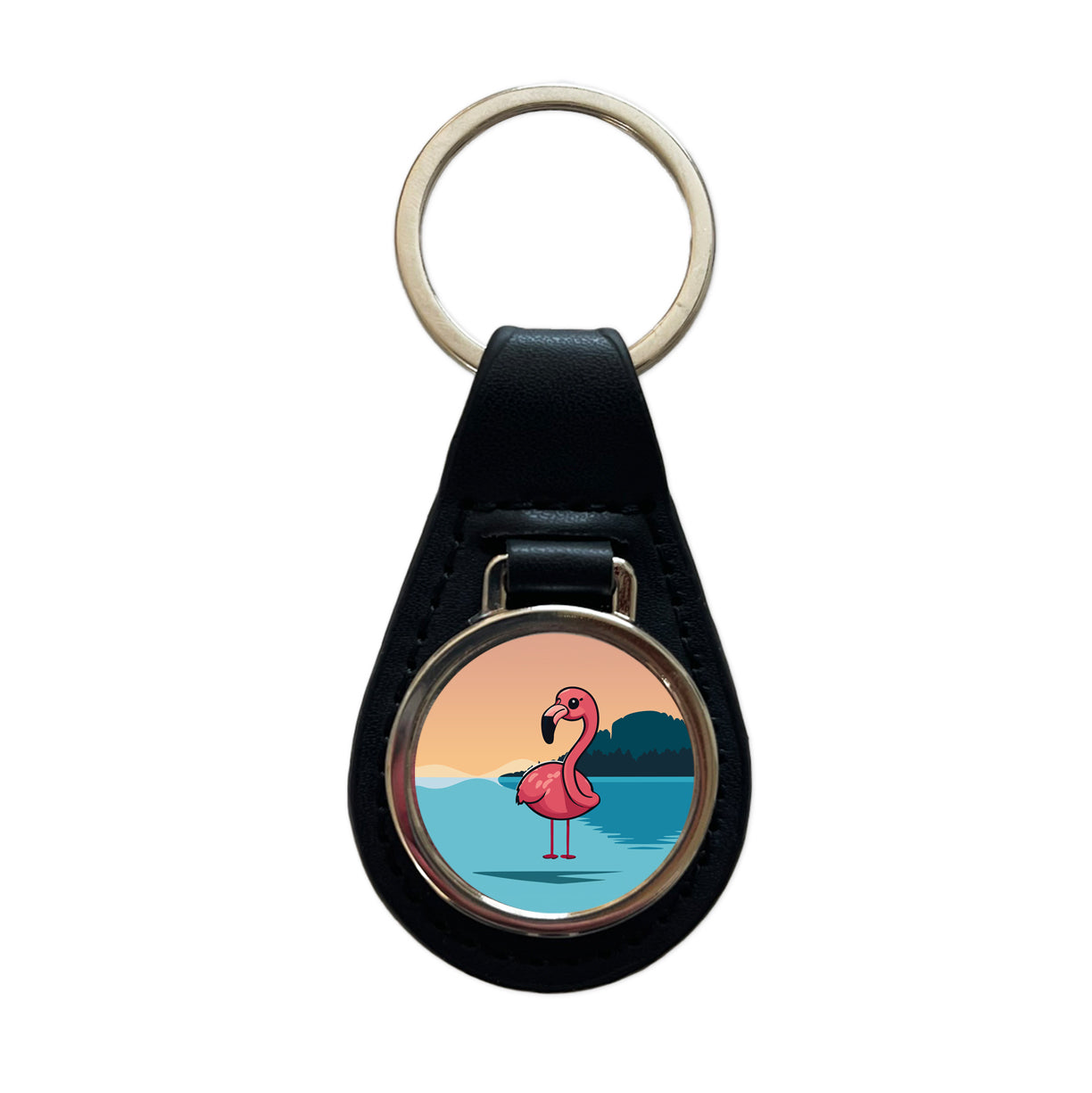 Pink Flamingo Sweet Black Leather Metal Keychain