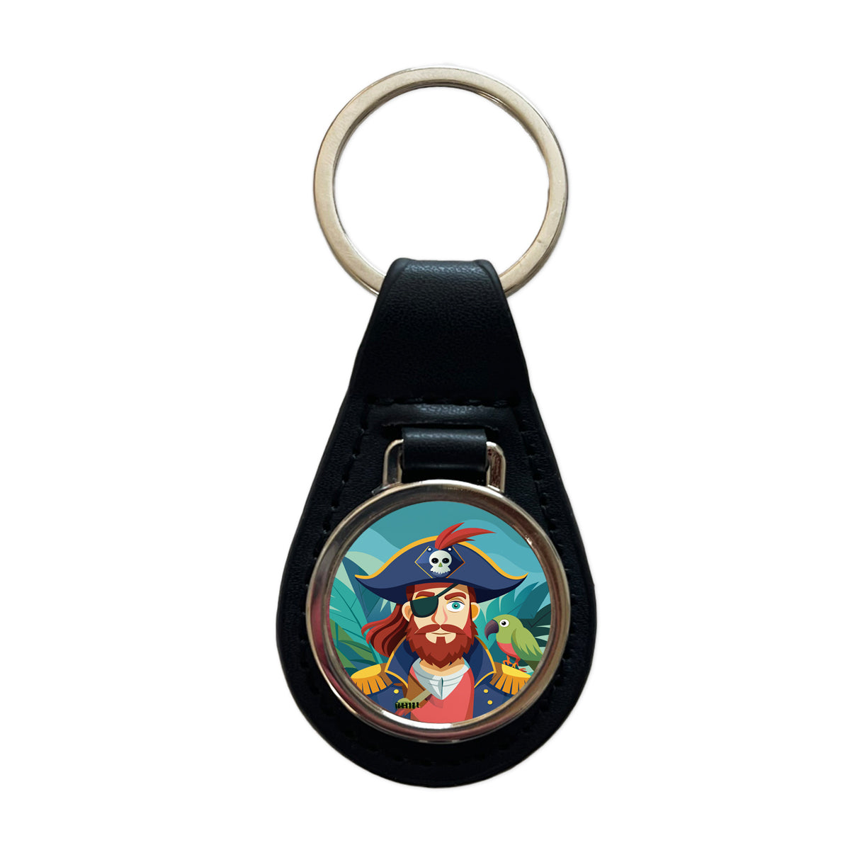 Pirate with Eye Patch and Parrot Black Leather Metal Keychain