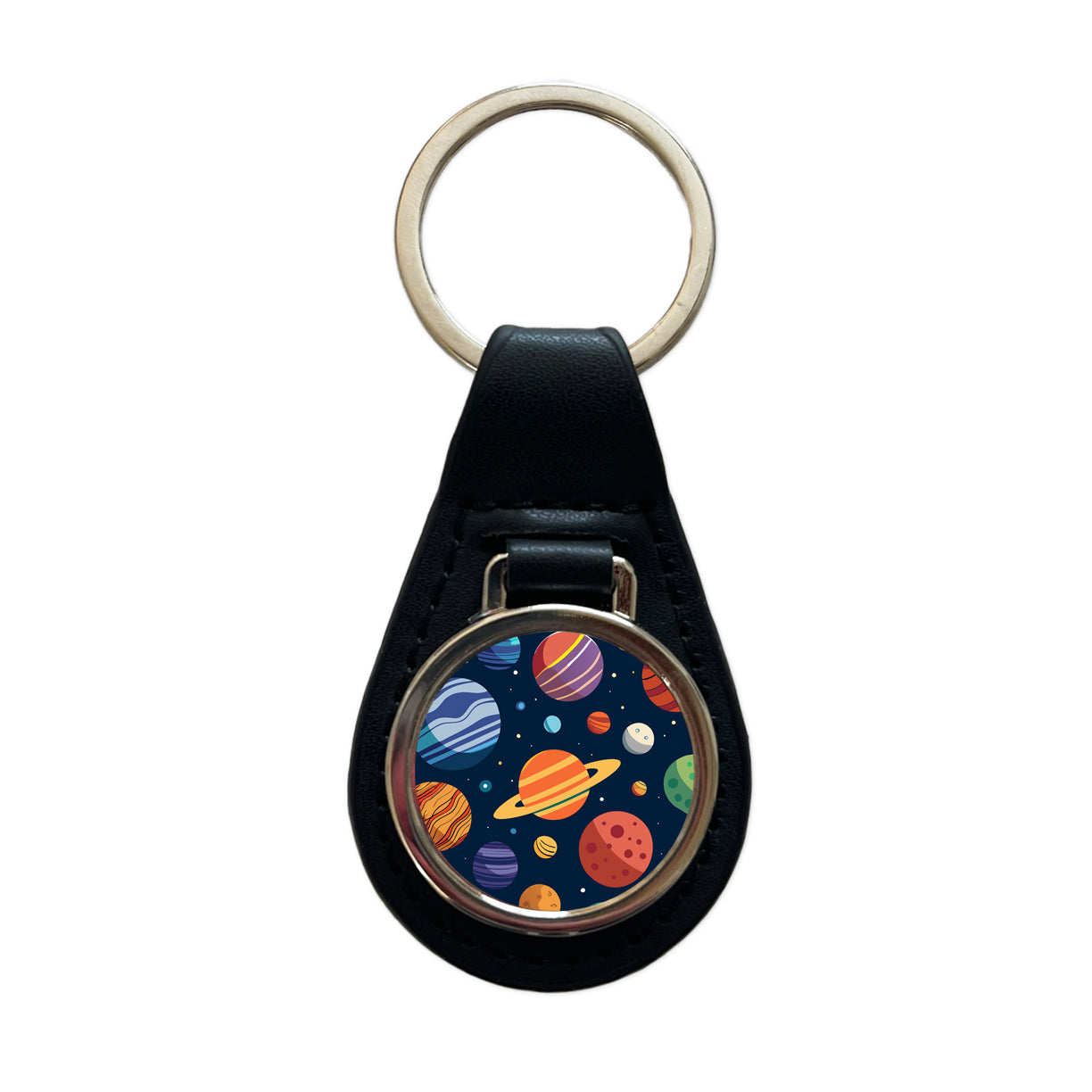 Planets Colorful Pattern Black Leather Metal Keychain