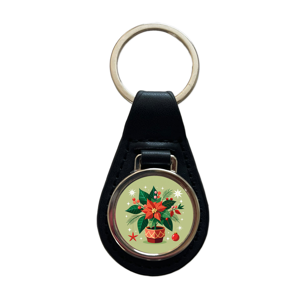 Poinsettia Plant Christmas Beautiful Black Leather Metal Keychain