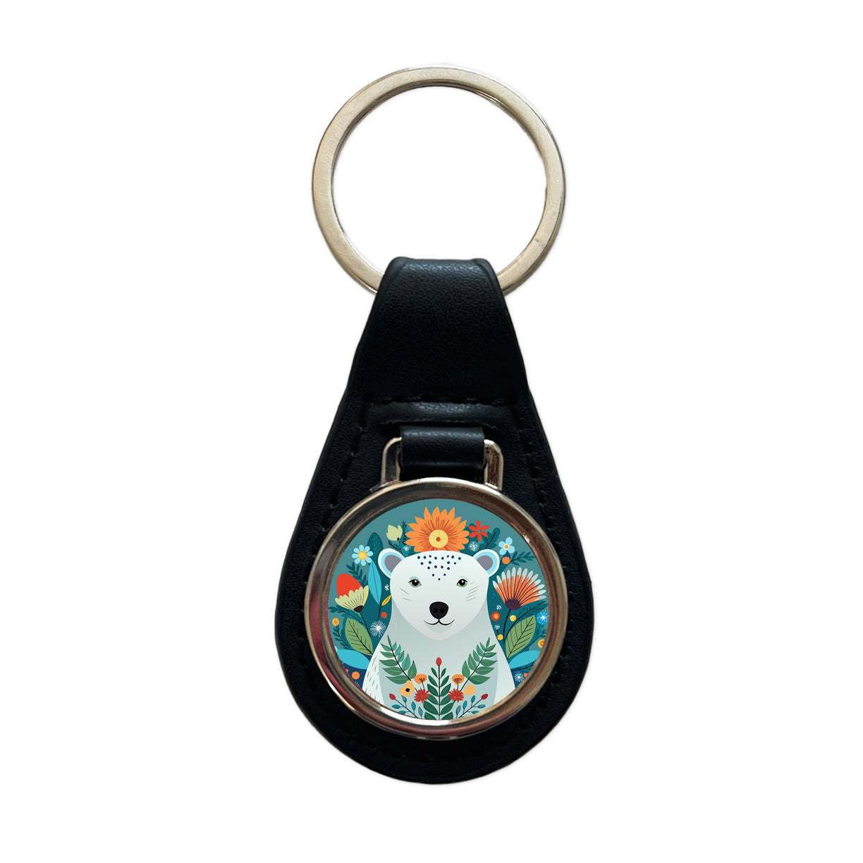 Polar Bear Floral Flowers Black Leather Metal Keychain