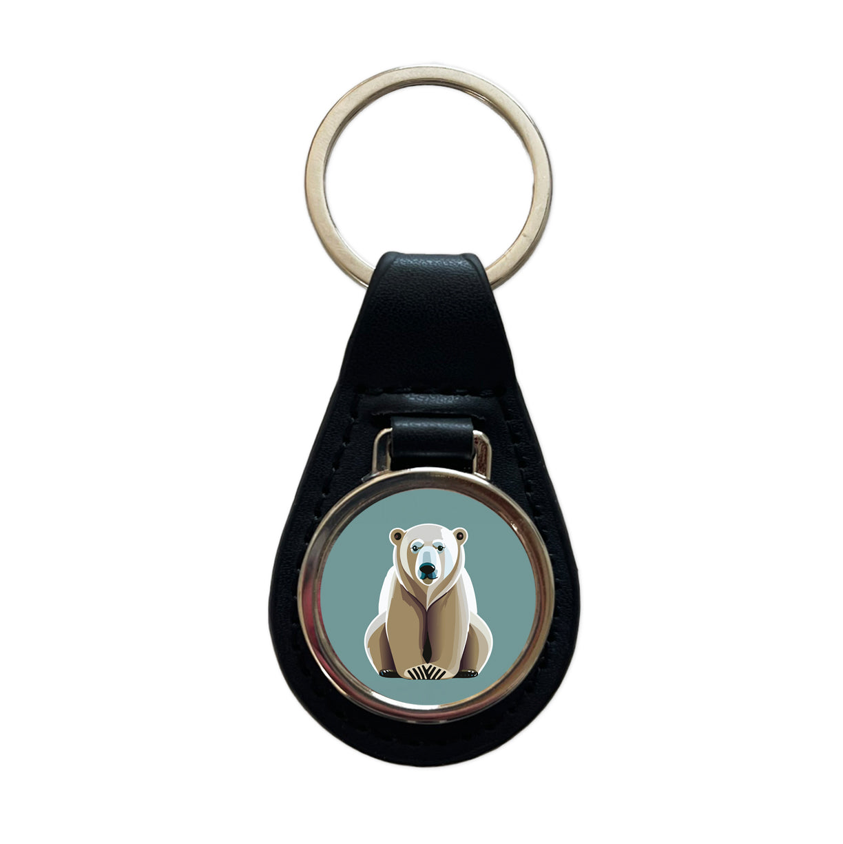 Polar Bear Sitting Black Leather Metal Keychain