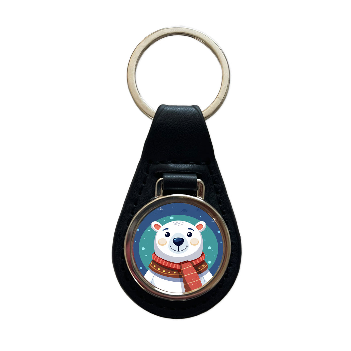 Polar Bear Wearing Winter Scarf Black Leather Metal Keychain