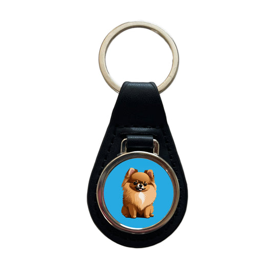 Pomeranian Dog Sitting Black Leather Metal Keychain