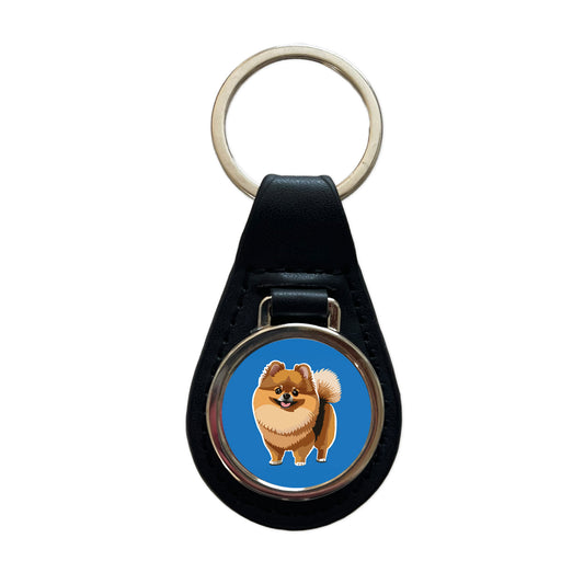 Pomeranian Dog Standing Black Leather Metal Keychain