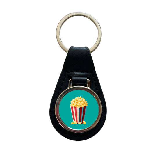 Popcorn Red White Striped Container Black Leather Metal Keychain