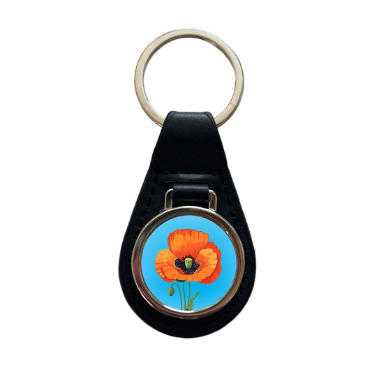 Poppy Flower Orange Black Leather Metal Keychain