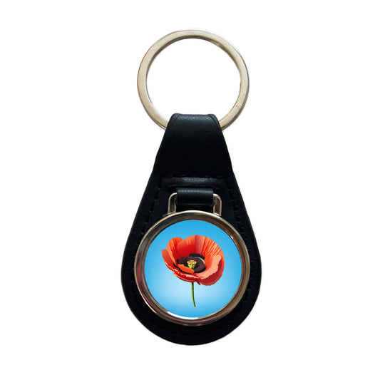 Poppy Flower Red Black Leather Metal Keychain
