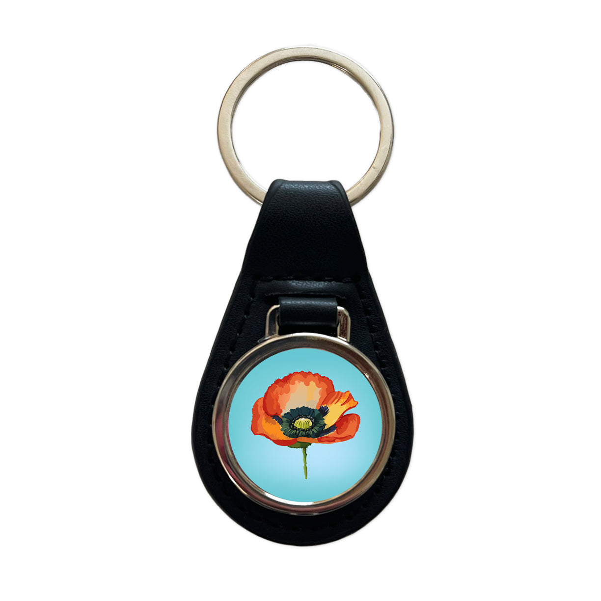Poppy Icelandic Orange Flower Watercolor Black Leather Metal Keychain