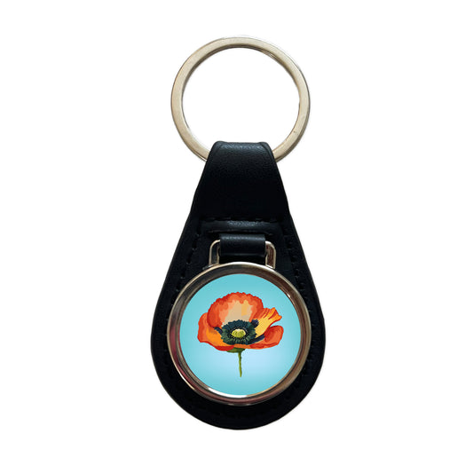 Poppy Icelandic Orange Flower Watercolor Black Leather Metal Keychain