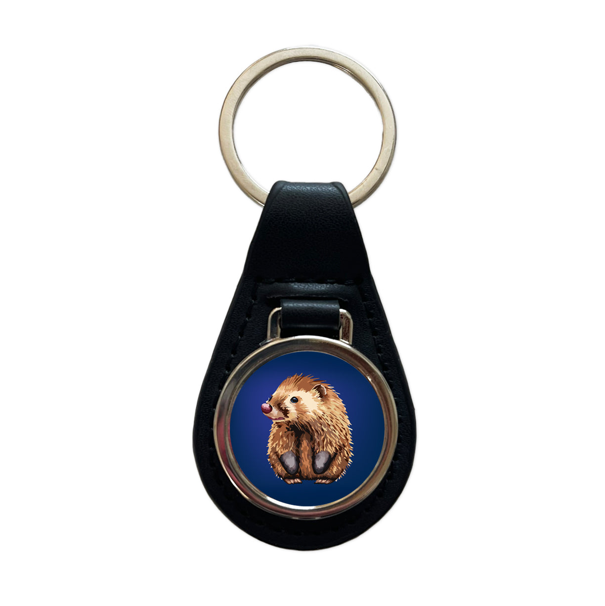 Porcupine Cute Black Leather Metal Keychain