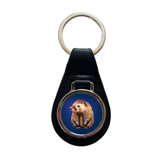 Porcupine Cute Black Leather Metal Keychain