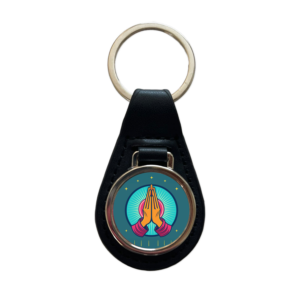 Prayer Praying Pleading Hands Christian Religion Black Leather Metal Keychain