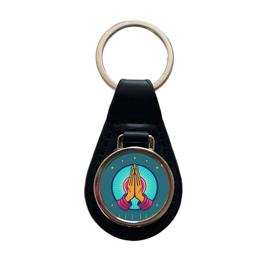 Prayer Praying Pleading Hands Christian Religion Black Leather Metal Keychain