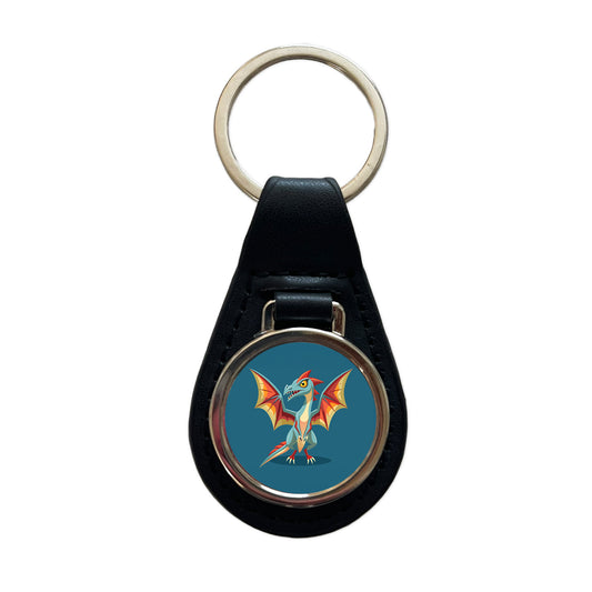 Pterodactyl Dinosaur Black Leather Metal Keychain