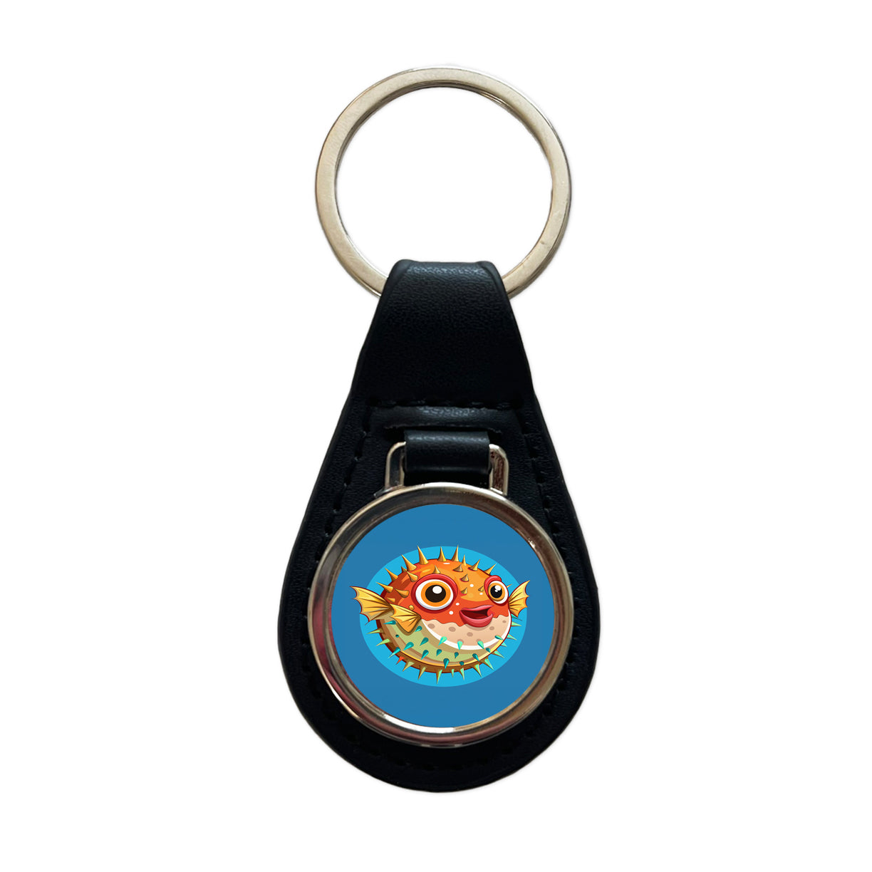 Pufferfish Cute Black Leather Metal Keychain