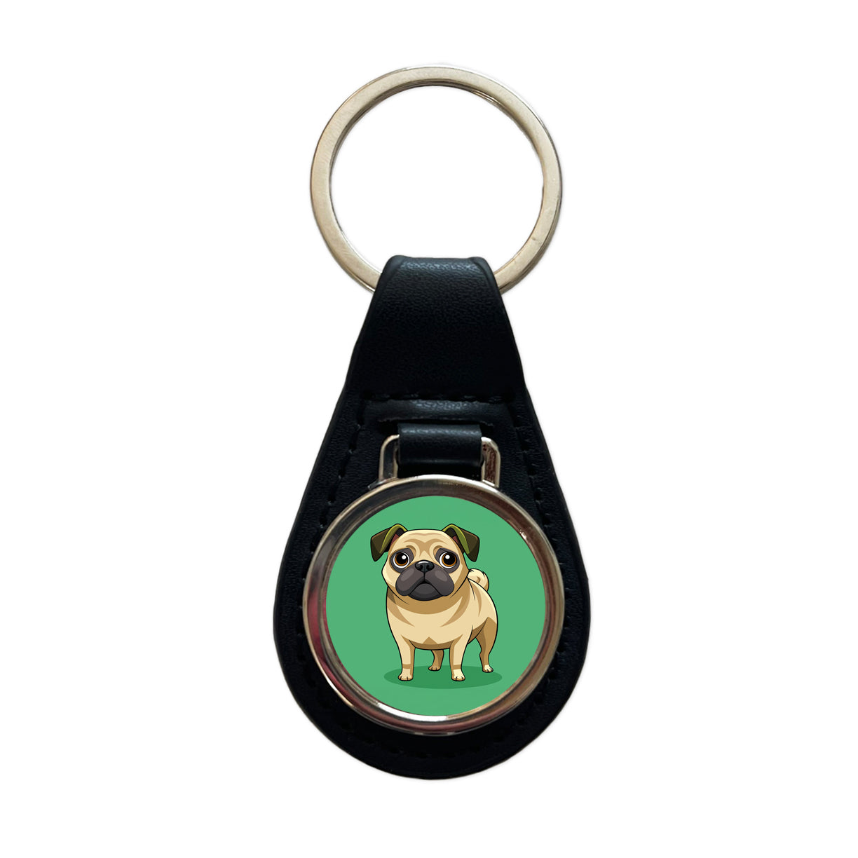 Pug Cute Standing Black Leather Metal Keychain