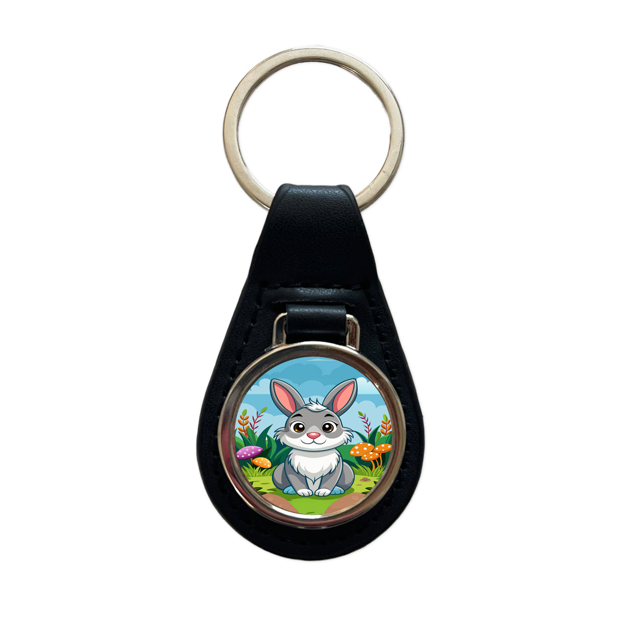 Rabbit Bunny Cute with Toadstools Mushrooms Black Leather Metal Keychain
