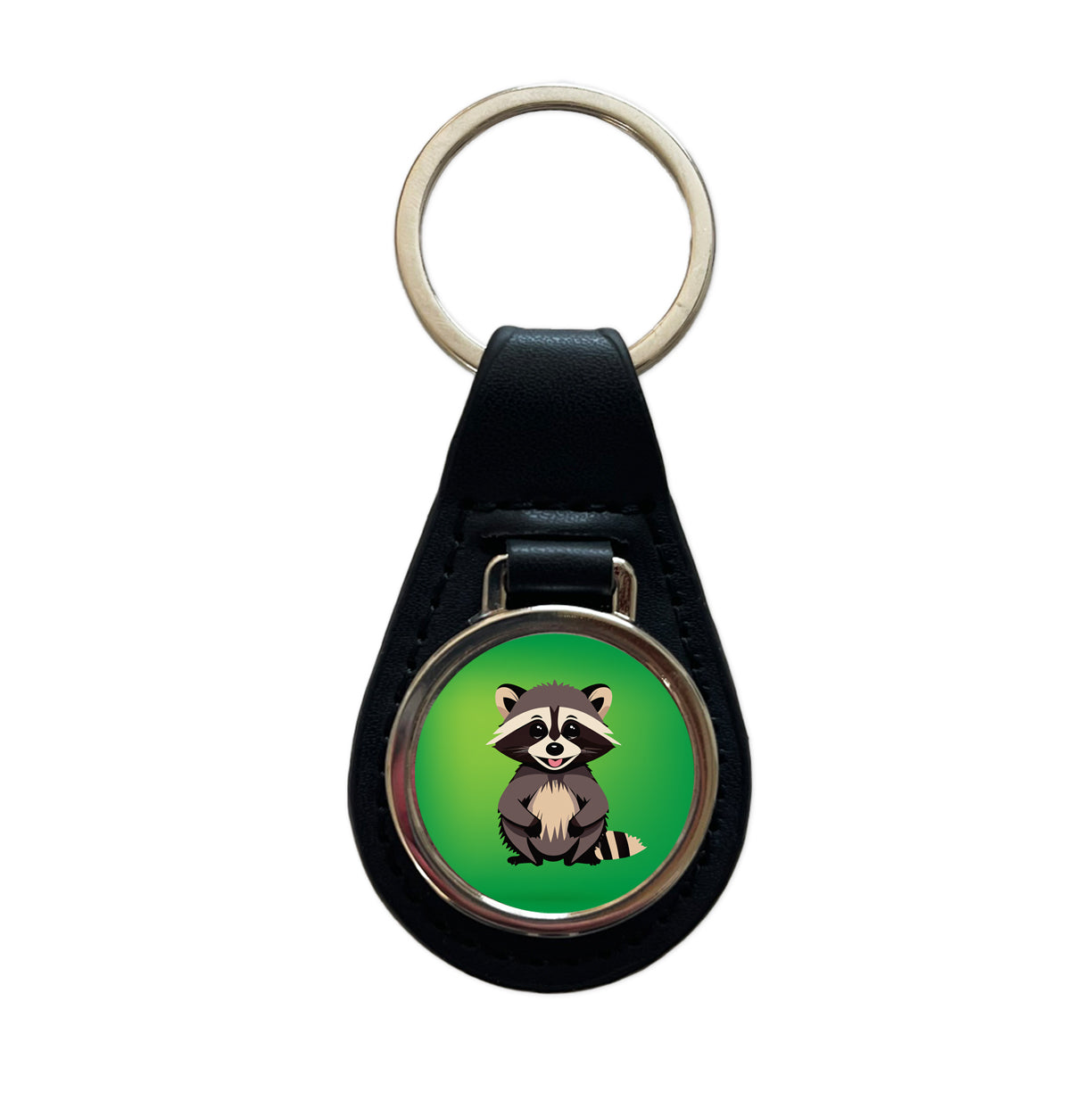 Raccoon Happy Black Leather Metal Keychain