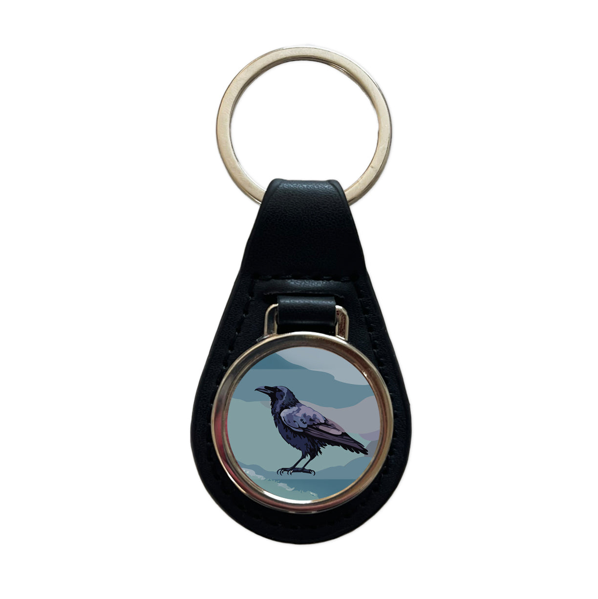 Raven Profile Bird Watercolor Black Leather Metal Keychain
