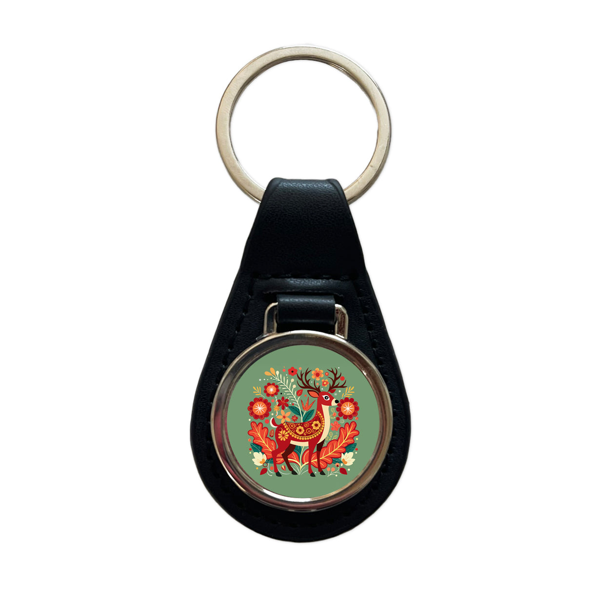 Reindeer Floral Flowers Black Leather Metal Keychain