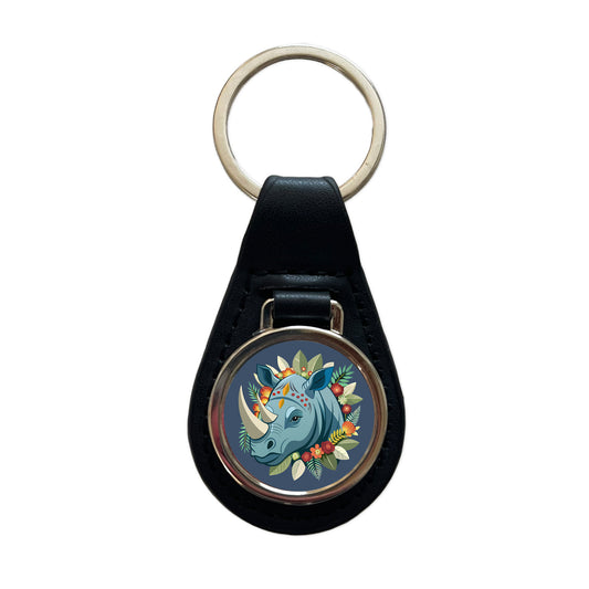 Rhinoceros Head Floral Flowers Black Leather Metal Keychain