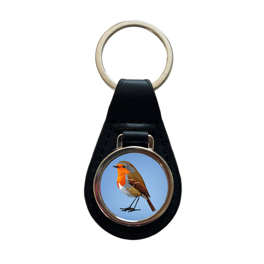 Robin Bird Black Leather Metal Keychain