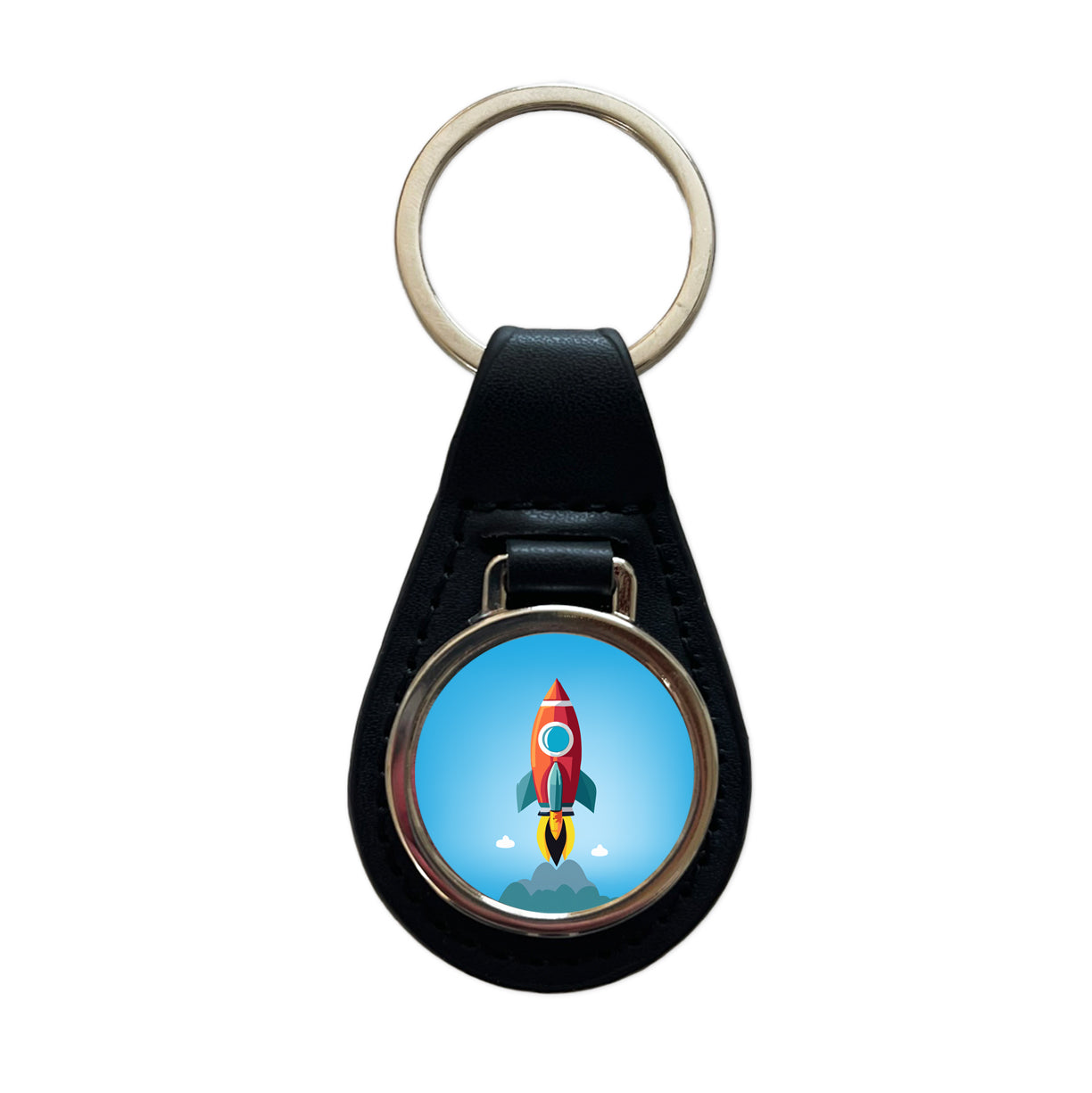 Rocket Ship Blasting Off Black Leather Metal Keychain