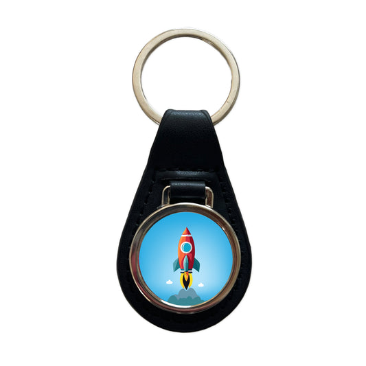 Rocket Ship Blasting Off Black Leather Metal Keychain