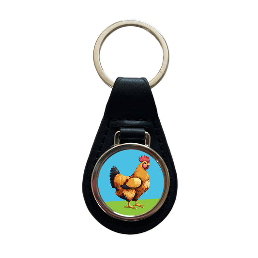 Rooster Chicken Profile Black Leather Metal Keychain