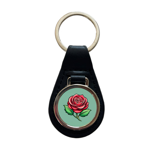 Rose Flower Bud Red Black Leather Metal Keychain