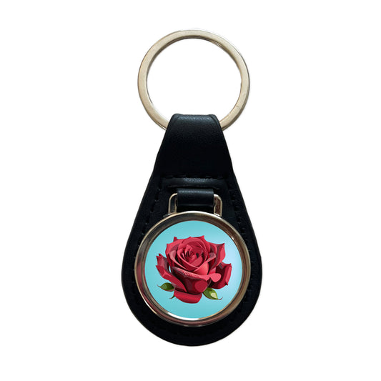 Rose Red Flower Black Leather Metal Keychain