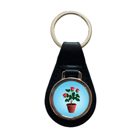 Rose Roses Bush in Pot Black Leather Metal Keychain