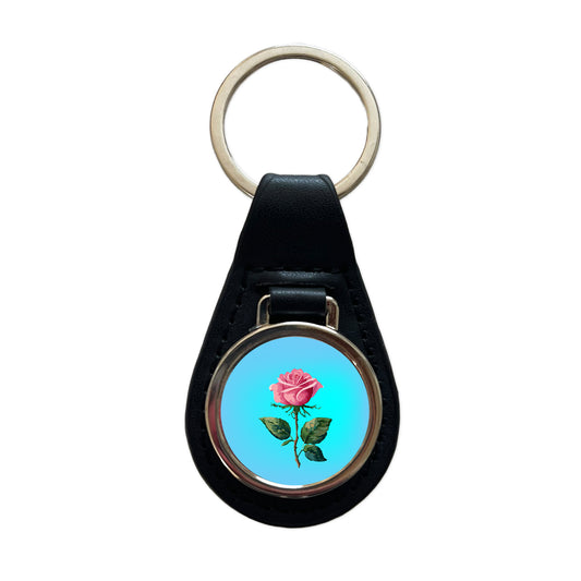 Rose Roses Pink Flower Watercolor Black Leather Metal Keychain