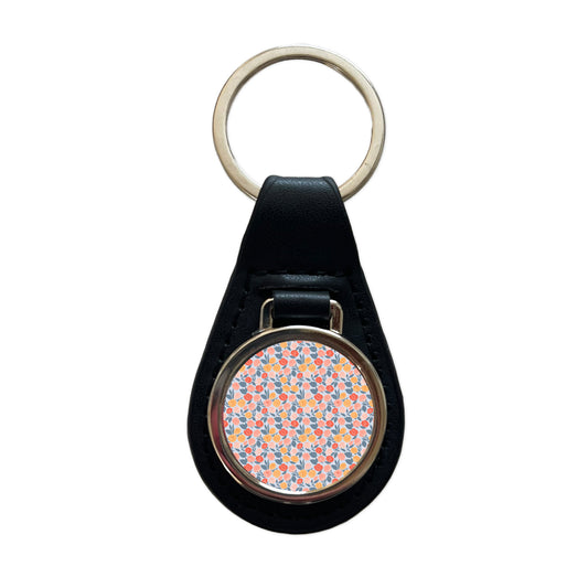 Roses Floral Flowers Muted Pattern Black Leather Metal Keychain