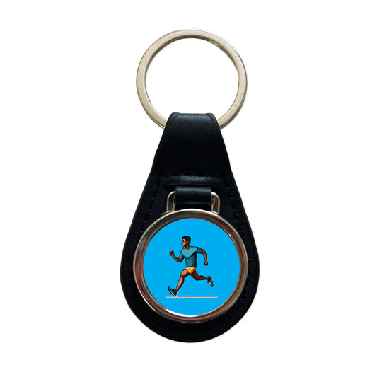 Running Jogging Man Exercise Black Leather Metal Keychain