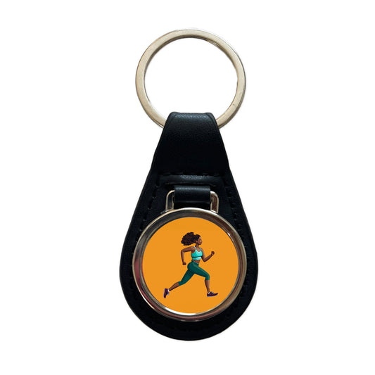 Running Jogging Woman Exercise Black Leather Metal Keychain